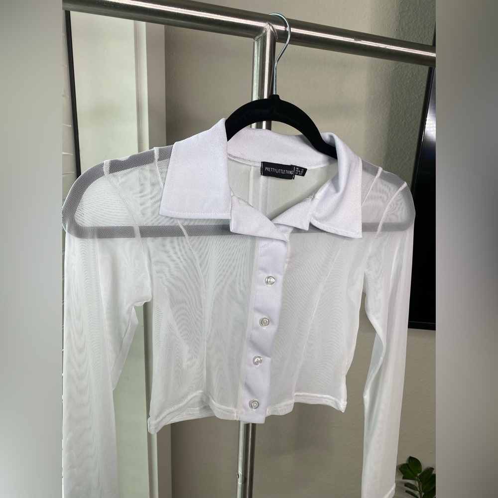 Prettylittlething mesh long sleeve button up crop top with collar